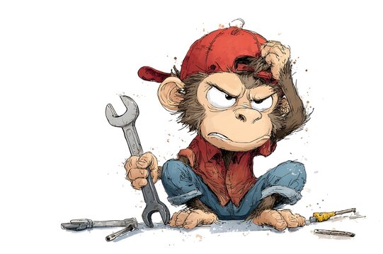 Illustration cartoon monkey moving the wrench and down and talking, eyes rolling in head