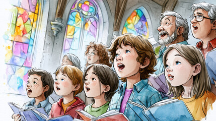 Fototapeta premium Children choir singing in church with stained glass windows and adults, joyful group performing together in worship watercolor style