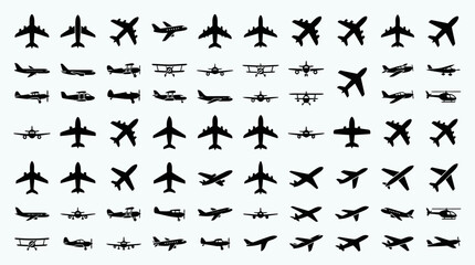 Obraz premium Collection of Airplanes Silhouettes in Flight and on Ground