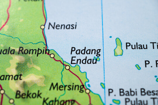 Close up of Mersing and Padang Endau coastal region on Malaysia road map for travel planning.
