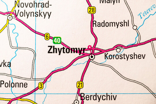 Macro road map focused on Zhytomyr and surrounding transport routes Ukraine.