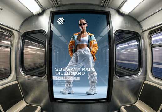 Vertical Billboard in Clean Subway Train Mockup - Fisheue Front View