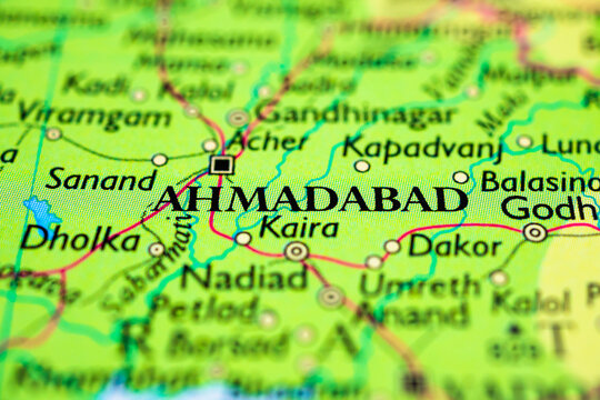 Close up of Ahmedabad and Kaira region on detailed Gujarat India road map.