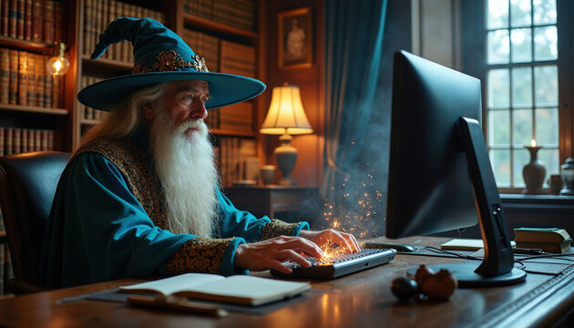 Elderly wizard in pointed hat uses magic to type on computer keyboard. Old man with long white beard works in study room with bookshelves. Sparks fly from keyboard.