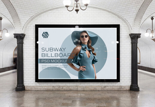 Horizontal Billboard in European Subway Platform Mockup - Front View
