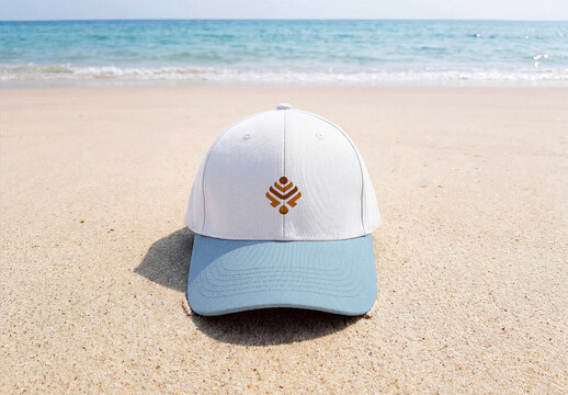 Blank Cap on Sandy Beach with Ocean Background Mockup - Front View