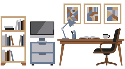 Home office interior with desk chair computer and bookcase. © abedin