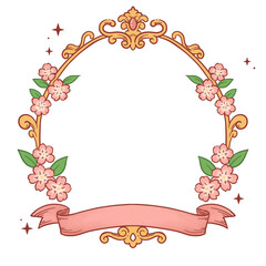 Fototapeta premium Cute pink sakura with ribbon border element for greeting or wedding card
