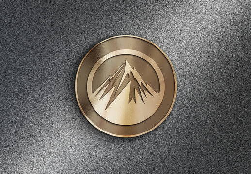 Gold Badge on a Textured Metal Background Mockup - Circular Engraved Magnet