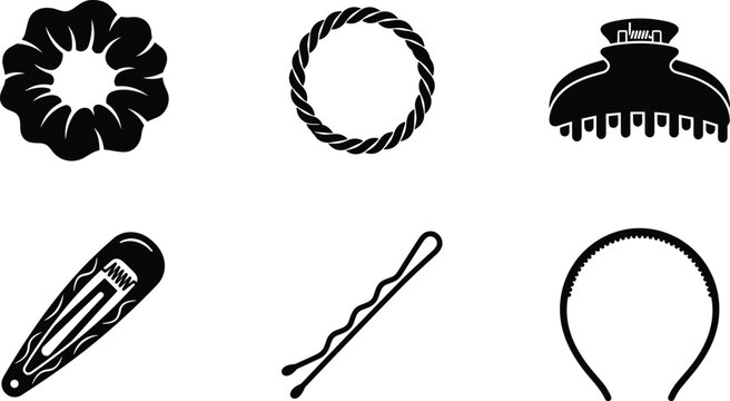 Hair Styling Accessories Silhouette Icon Set with Scrunchie Claw Clip Snap Hairpin Bobby Pin Headband and Elastic Tie for Beauty Salon Designs