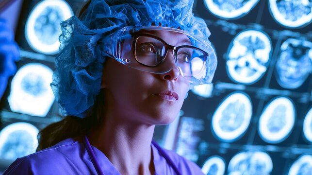Female doctor or surgeon analyzing digital brain scans using advanced medical technology, examining neuroscience data, diagnostic imaging and healthcare innovation in modern clinical environment