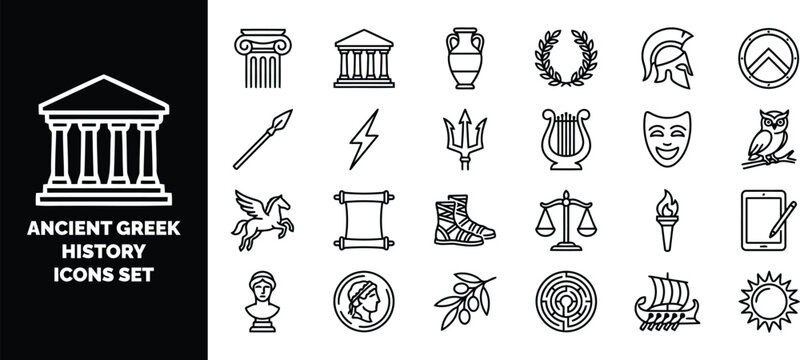 Ancient greek history set, outline symbols of mythology, architecture, and culture including columns, helmets, and amphorae