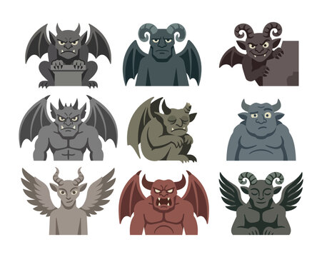 set of cartoon gargoyle statue character