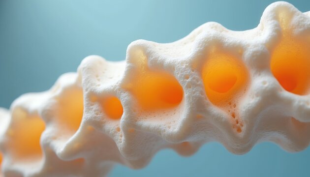 Microscopic view of porous spongy bone structure. Trabeculae forms a network with marrow inside. Shows healthy bone density and calcium matrix for medical science.