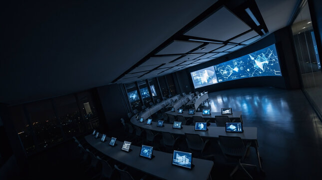 Immersive AI Command Center with Global Data Visualization in a Futuristic Smart Operations Hub &mdash; Advanced technology workspace featuring interactive dashboards, digital analytics screens.
