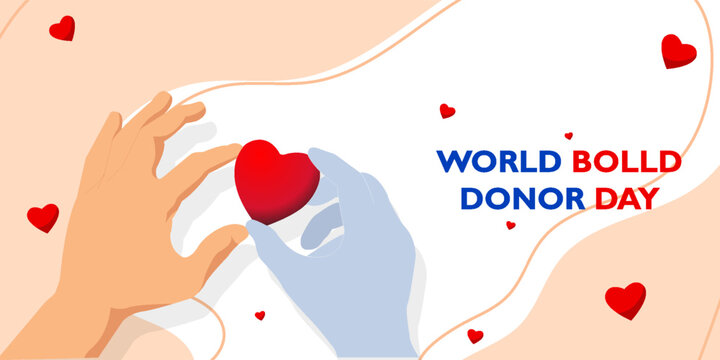 World Blood Donor Day banner with a person donating blood with blood bag and heart shaped tube design. Medical awareness poster for healthcare campaign and charity event.