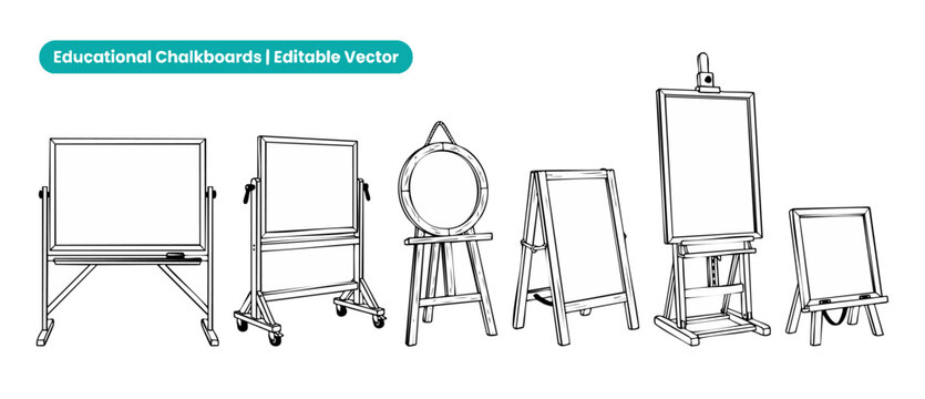 Blank chalkboard vector easel set for educational classroom display and restaurant menu mockup design, featuring wooden blackboard stands, tripod easel, and sandwich board, isolated line art graphics.