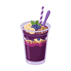 A vibrant blueberry banana smoothie sits in a glass with toppings © anjaymurijay