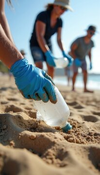 Person in blue gloves picks up plastic bottle from sandy beach. Other volunteers collect rubbish on shore. Sunny day, ocean in background, cleanup effort.
