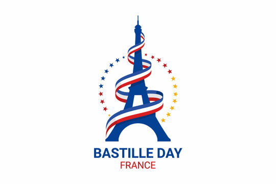 Eiffel Tower with French flag ribbon and stars on white background
