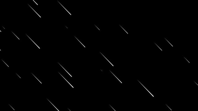 Meteor rain falling animation. falling meteorites rain video with black background. streaks of light fall like rain against black. Looping seamless heavy rainfall storm effect overlay