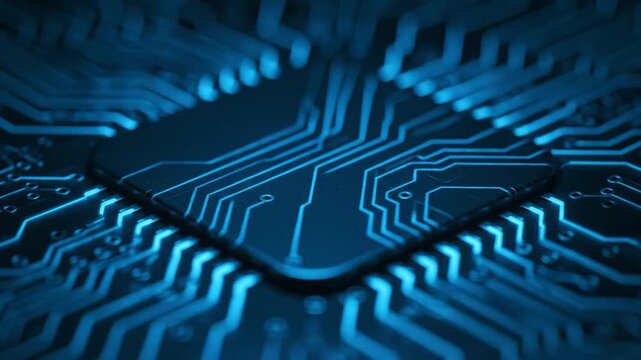 Futuristic Glowing Blue Microchip and Circuit Board Data Background