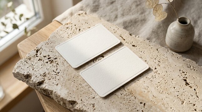 Premium minimalist business card mockup placed on a natural textured limestone slab, two blank white textured paper cards arranged diagonally