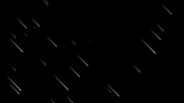 Meteor rain falling animation. falling meteorites rain video with black background. streaks of light fall like rain against black. Looping seamless heavy rainfall storm effect overlay