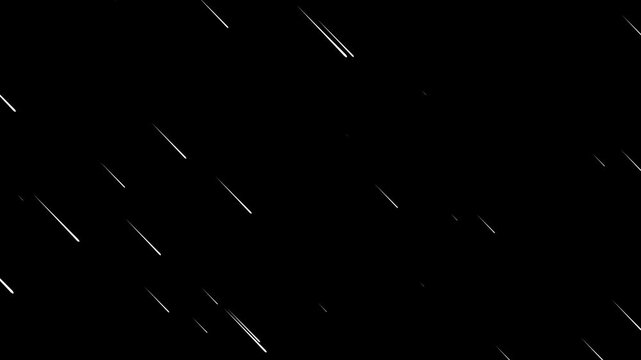 Meteor rain falling animation. falling meteorites rain video with black background. streaks of light fall like rain against black. Looping seamless heavy rainfall storm effect overlay