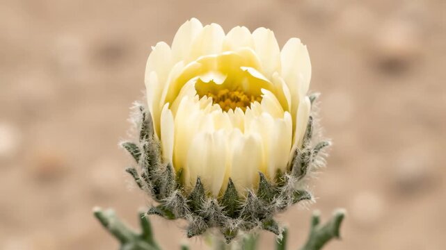 Close up of a delicate white flower bud with green sepals and fine hairs
