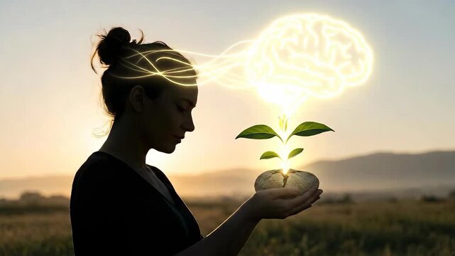Female silhouette empowers small plant growing from cracked rock, luminous brain connection fostering natural development and inner psychological well-being, symbolizing mental health progress