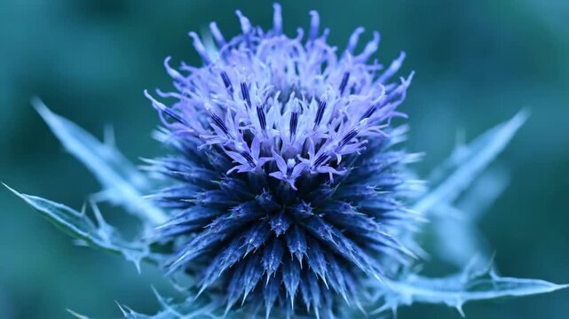 Macro close-up of blue thistle bud with sharp spiny texture.