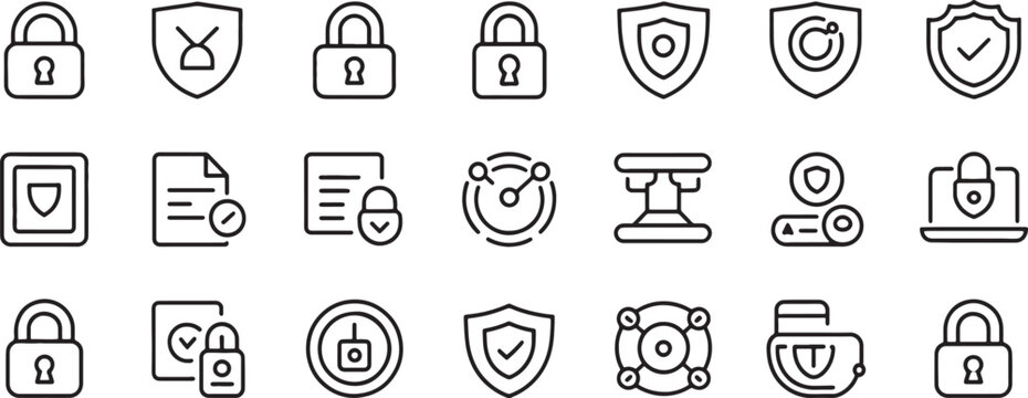 Security Icons Set with Padlocks, Shields, Verification Marks, Fingerprint, and Cctv Style Surveillance Symbols