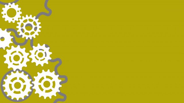 Rotating white gear and cog wheels animation on a mustard yellow background for business process and technology concepts in a simple flat design style