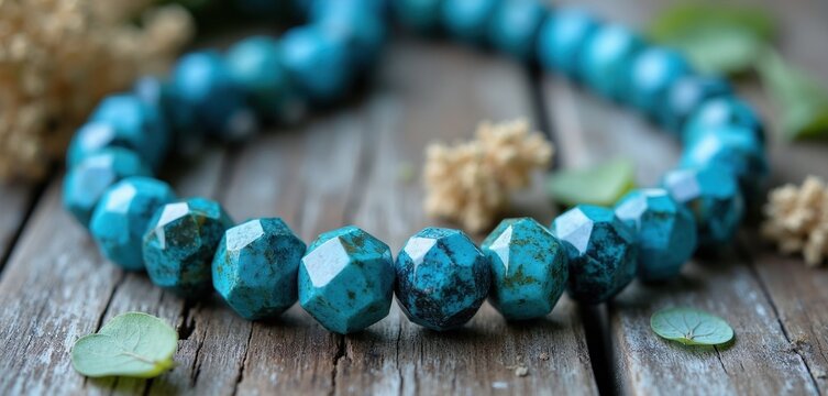 Blue chrysocolla stones arranged in necklace form. Beads have faceted cuts on wooden table. Dried hydrangea flowers nearby add rustic charm. Close-up view shows raw natural beauty.