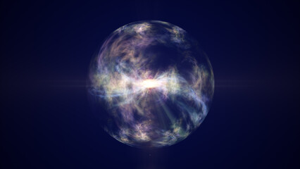 Abstract luminous energy sphere with swirling multicolored plasma and a radiant core on a dark blue background. © Bolbik