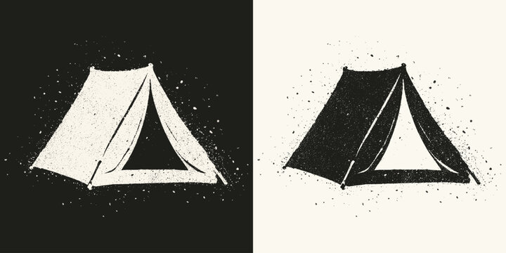 Camping tent doodle sketch with distressed grunge texture in black and white versions