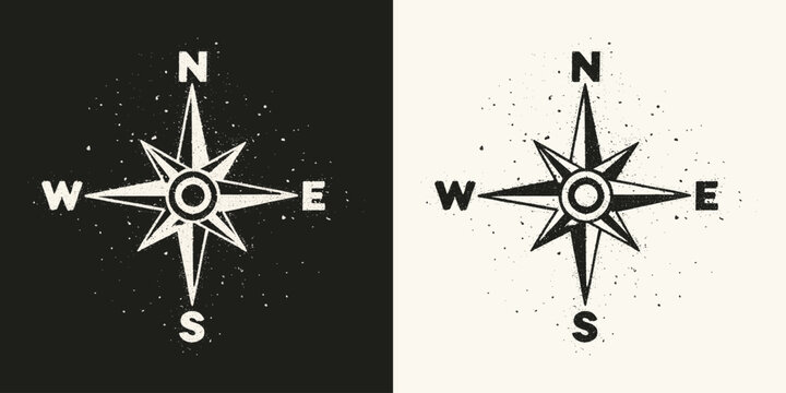 Hand Drawn Vintage Nautical Compass Rose Icon Set with Cardinal Directions