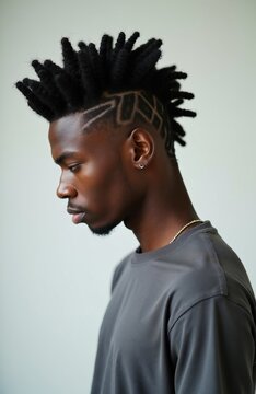Young black man with afro locs and undercut hairstyle posing in studio. He wears gray t-shirt, looks thoughtful. Male model with stylish grooming and beard.