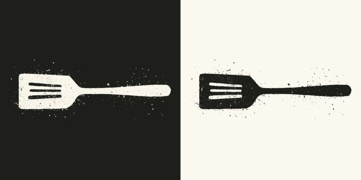 Distressed Kitchen Spatula Flipper Icon with Grunge Texture in Black and White Versions