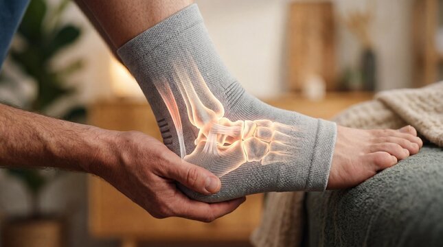 Person holding ankle with highlighted bone structure