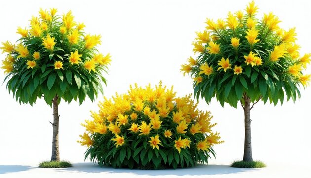 Two trees and bush with vibrant yellow trumpet flowers on white background. Lush green leaves complement bright blossoms. Tecoma stans plants, spring bloom, botanical detail.