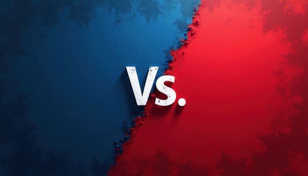 White VS text splits image with red and blue halves. Dramatic abstract background with rough edges. Represents opposition rivalry or competition concept.
