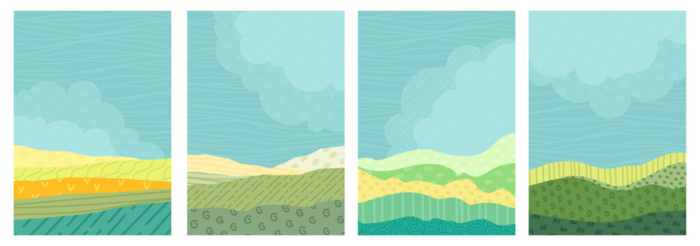 Field collage background posters with abstract farm patterns of green rice terraces, tea vineyard textures and blue sky. Agricultural landscape brochure with wheat hills and rural corn plantations.