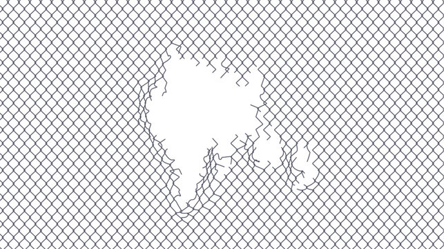 Broken fence with chain link mesh and metal wire grid pattern. Damaged chainlink barrier with ripped hole and torn steel net texture. Vector illustration of prison cage border on white background.