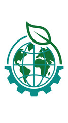 Obraz premium Eco friendly globe icon, green earth symbol, leafy planet logo, gear background