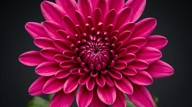 Close up of a beautiful deep pink chrysanthemum flower with green leaves