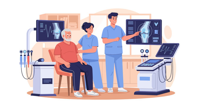 Doctor and nurse showing X-ray scan of knee joint to elderly patient.