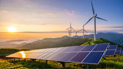 Fototapeta premium Solar panels and wind turbines on a misty mountain landscape at sunrise with solar panel, technology