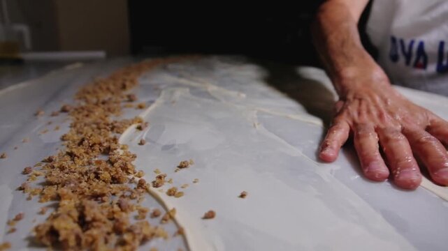 Close-up footage of savory filling spread in a long line over thin yufka dough during b&ouml;rek preparation, showing handmade Turkish pastry craft, fresh ingredients and traditional kitchen work.